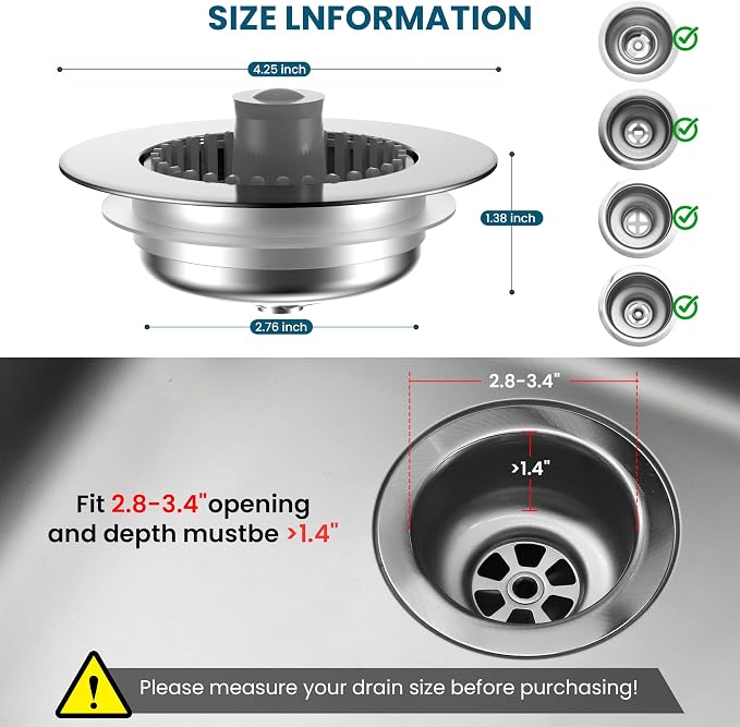 3-in-1 Kitchen Sink Strainer & Stopper, Stainless Steel Finish Pop Up Drain - Image 7