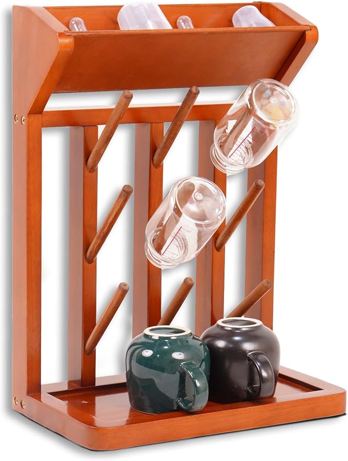 Brown Vertical Bottle Drying Rack Rubber Wood 9 Hooks, Use by Nabytok