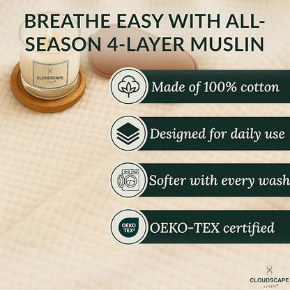 Cloud Scape Linen Extra Large 4 Layer Muslin Throw Blanket - 100% Cotton Gauze, Lightweight & Breathable All Season, Pre-Washed, for Couch & Bed, 50x70, Ivory