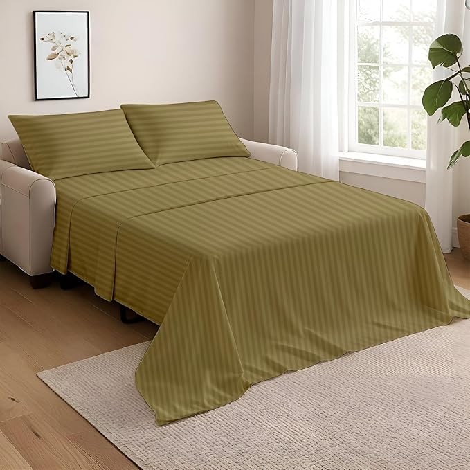 NON Sticky cotton Full Size Sleeper Sofa Sheets, 4 Piece Egyptian Cotton Bed Sheet Set for Sofa Bed, 8" Deep Pocket for Pull Out Couch Mattress, 54" x 75", Taupe Stripe, Soft & Breathable