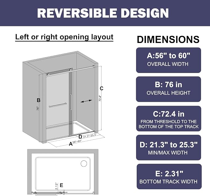 Frameless Sliding Shower Door 56–60" W x 76" H, 5/16" Tempered Glass - Image 2