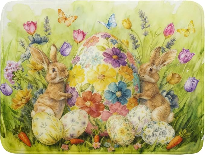 Easter Bunny Dish Drying Mat 18x24 Inch Eggs Floral Green Drying Pad by Giwawa