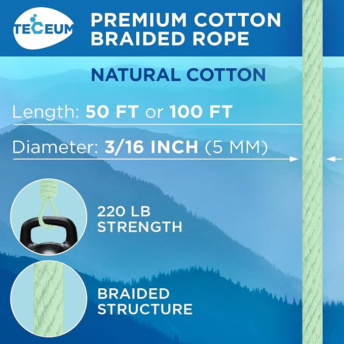 TECEUM Cotton Rope 3/16” – 50 FT – Strong All-Purpose Braided Rope – Natural - Image 2