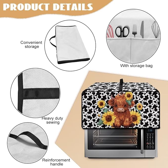 Microwave Oven Cover with Storage Pockets Waterproof Toaster Oven Dust Cover Universal Kitchen Appliance Protector, Cartoon Highland Cattle Sunflower Cow Print, L