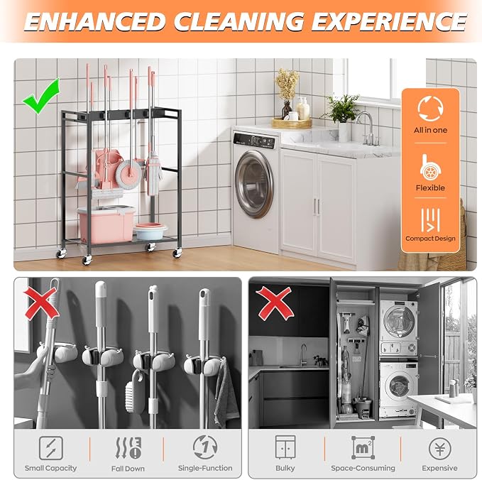 Broom and Mop Holder, Broom Closet Storage Cabinet, Cleaning Cart - Image 6