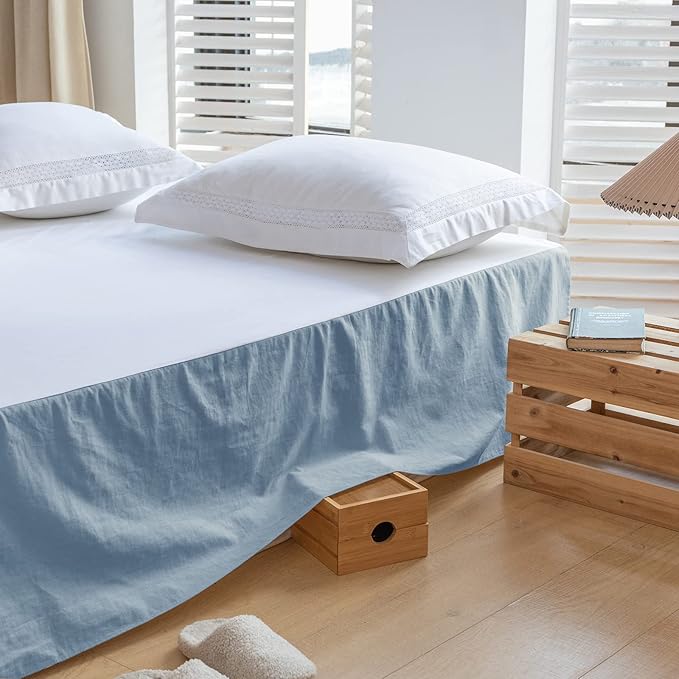 BISELINA French Linen Bed Skirt with Pleated Corner 14-Inch Tailored Drop Natural Flax Cotton Blend Basic Dust Ruffle Soft Cozy Farmhouse Bedding (14" King, Basic Dusty Blue)