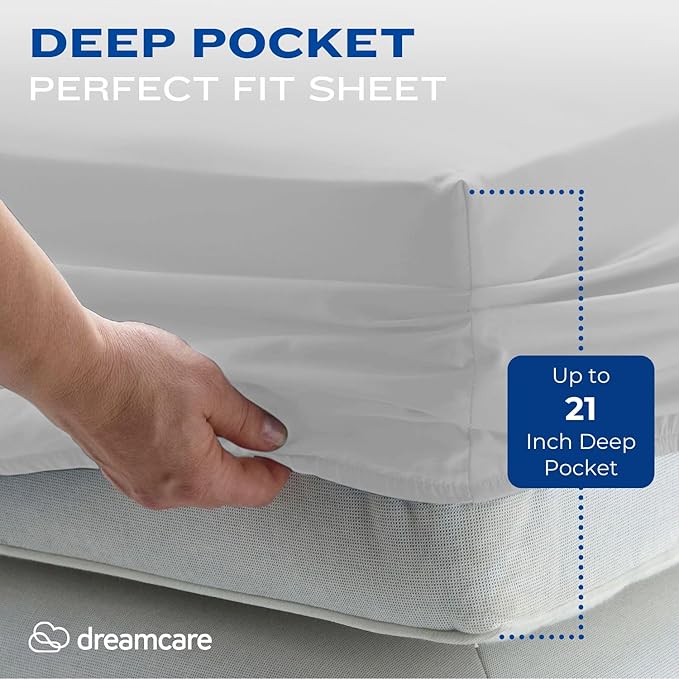 DREAMCARE King Size Sheets Set – 4 pcs Cooling Sheets – up to 21” Deep Pocket King Sheet Set – Hotel Luxury Sheets & Pillowcases – Superior Softness 100% Fine Microfiber with Side Pocket – Light Gray