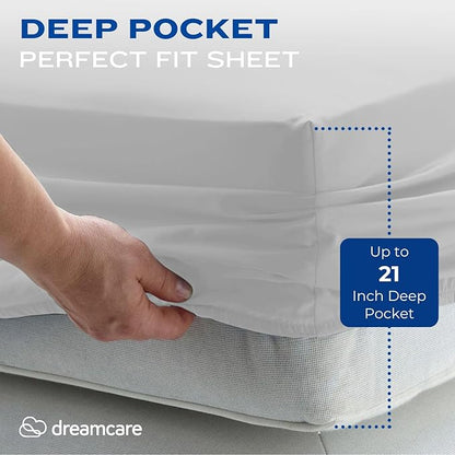 DREAMCARE King Size Sheets Set – 4 pcs Cooling Sheets – up to 21” Deep Pocket King Sheet Set – Hotel Luxury Sheets & Pillowcases – Superior Softness 100% Fine Microfiber with Side Pocket – Light Gray
