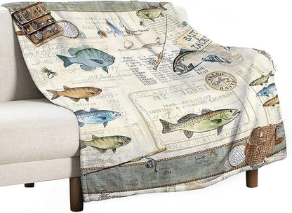 Fishing Blanket Fishing Gifts for Men Fish Throw Blanket Fishing Blanket for Kids Adults Soft Warm Cozy Fleece Blanket for Couch Sofa Bed 50"x60"