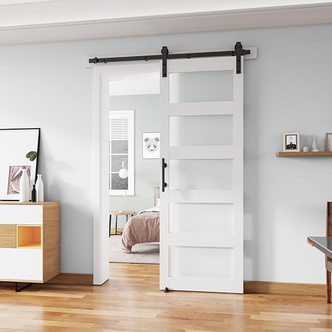 30'' x 80'' Glass Barn Door and 5 Ft Hardware Kit Included, MDF White Barn Door by ALAMEDADT