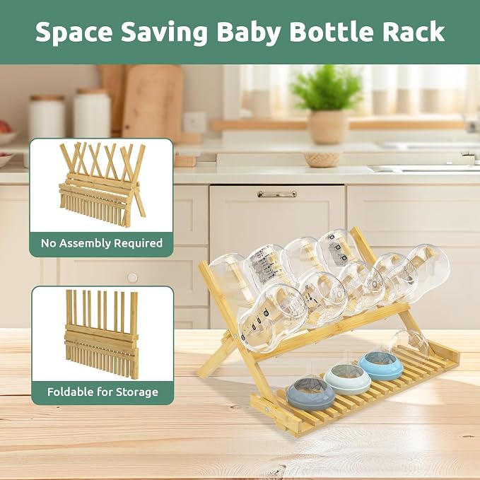 DSVENROLY Baby Bottle Drying Rack Foldable Vertical Bamboo Milk Bottle and - Image 4