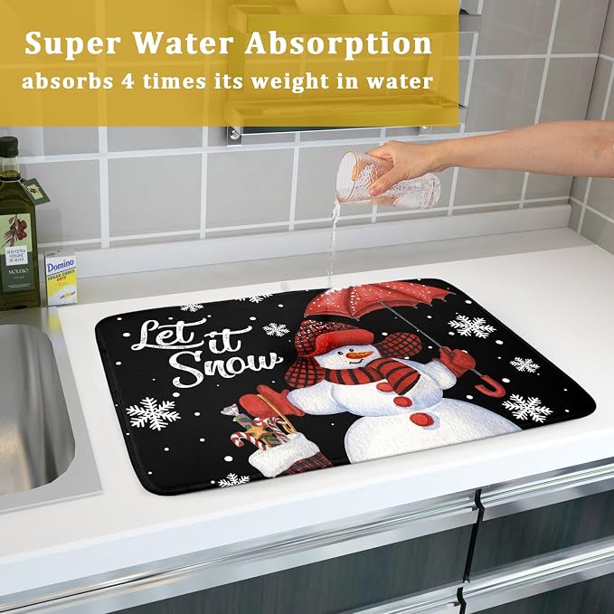 Black Snowman Dish Drying Mats for Kitchen Counter, Winter Snowflake Dish Mat - Image 7