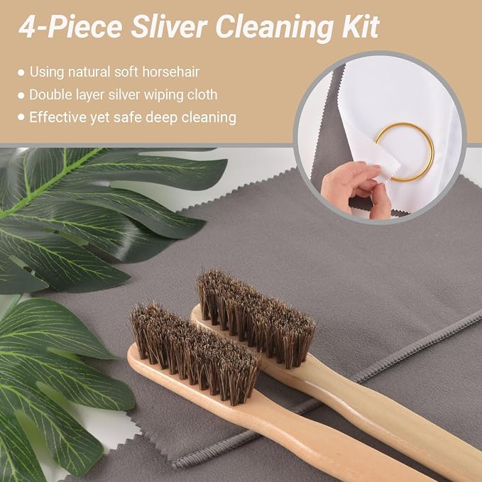 4 Pieces Silver Polish Set, Jewelry Cleaning Brushes Tool Kit Horsehair Brushes - Image 2
