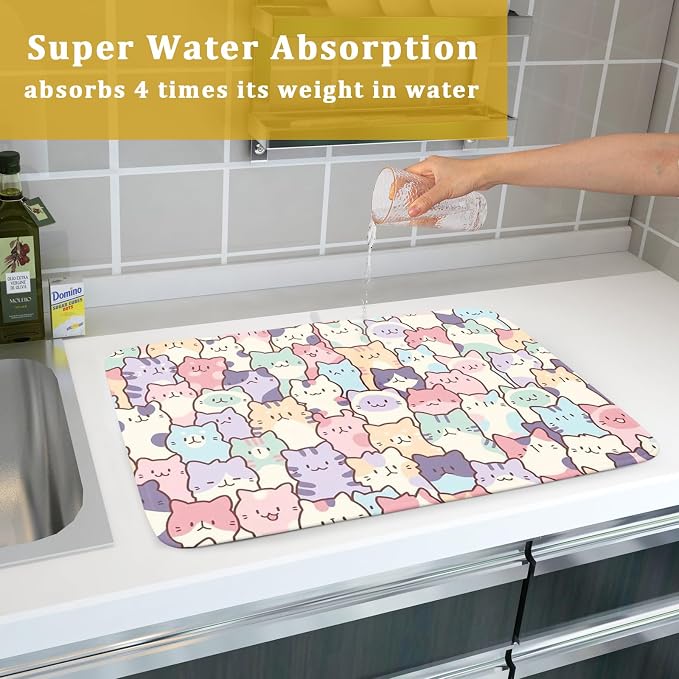 Colorful Cats Dish Drying Mat 18x24 inch Cute Animal Microfiber Reversible Fast - Image 7