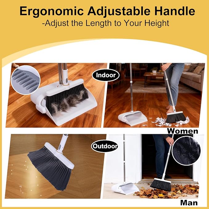 Heavy Duty Broom and Standing Dustpan Combo Set, Rotatable Head Dust Pan and - Image 7