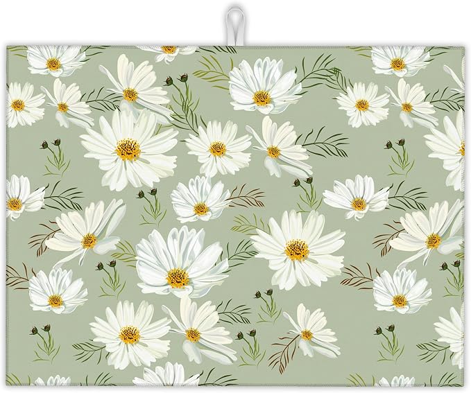 White Daisy Flowers Dish Drying Rack Mat by UIUPRO