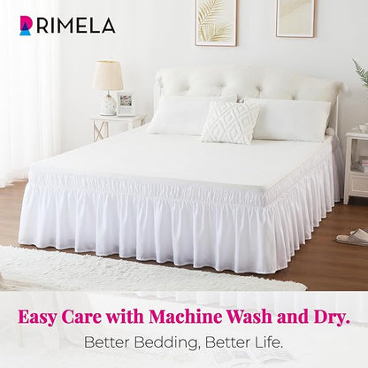 RIMELA White Bed Skirt Queen Size 12 Inch Drop, Elastic Bed Skirting for Bed Base and Frame, Bedding Dust Ruffle Easy to Install, Lightweight Wrap Around Adjustable Bedskirt