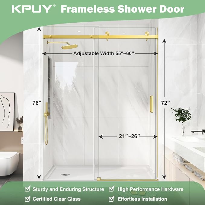 KPUY Frameless Shower Door, 55-60" W x 76" H Sliding Glass Shower Door - Image 6