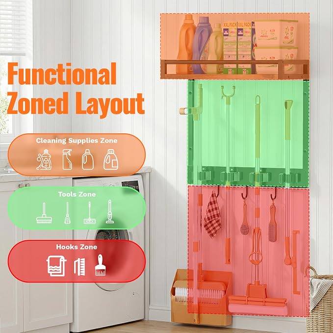 Broom Holder Wall Mount with Shelf Load 66LBS Broom and Mop Organizer Wall - Image 5