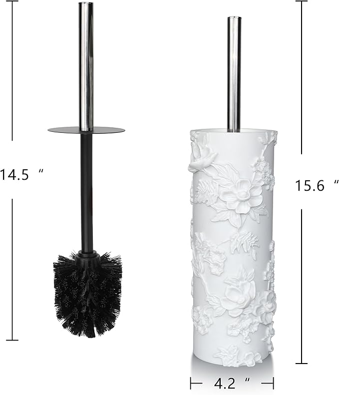 White Floral Branches Design Resin Toilet Bowl Brush and Holder Set, Elegant - Image 7