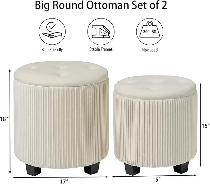 Big Round Ottoman with Storage Set of 2, Upholstered Velvet Vanity Stool - Image 3