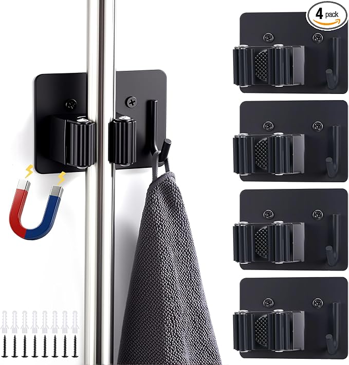 4pcs Magnetic Broom Holder Wall Mount, 12.13lbs Heavy Duty Mop and Broom by Johamoo