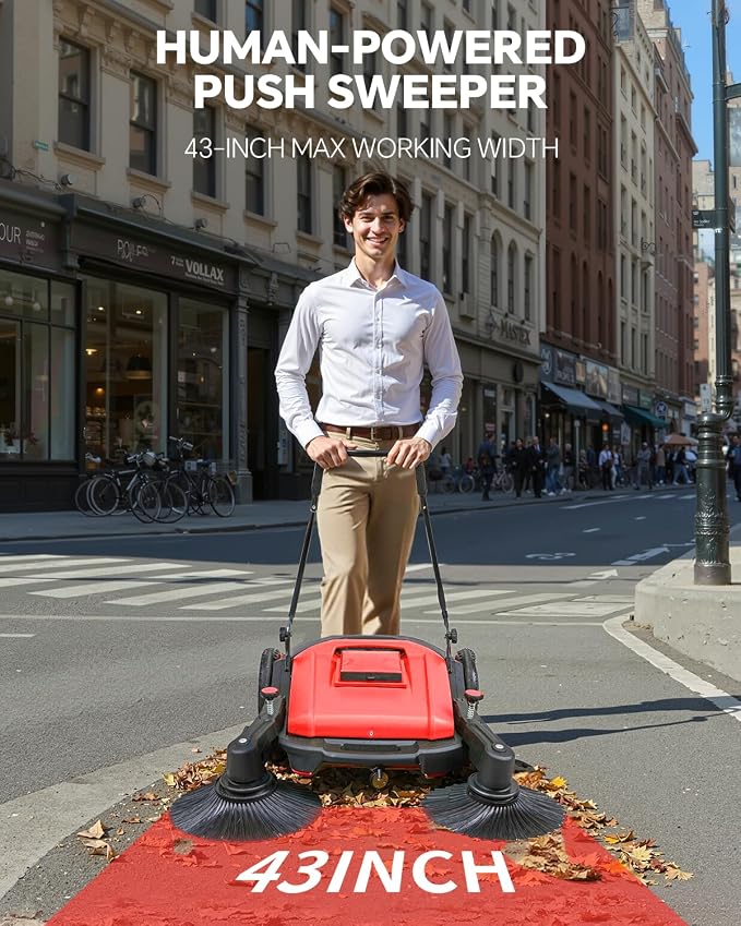 41" Walk-Behind Hand Push Floor Sweeper, 15 Gal Large Capacity, Folding Handle - Image 3