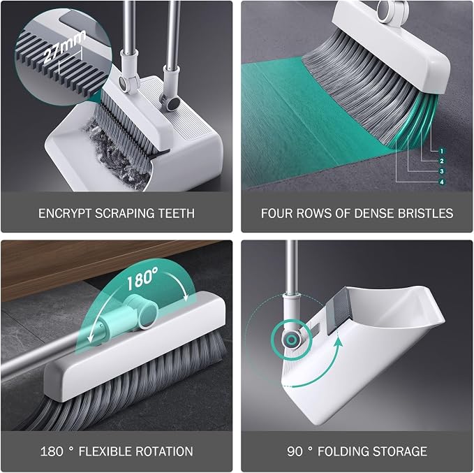Broom Dustpan 3-in-1 90° Stand up Heavy Duty Dust Pan and Broom Set - Image 5
