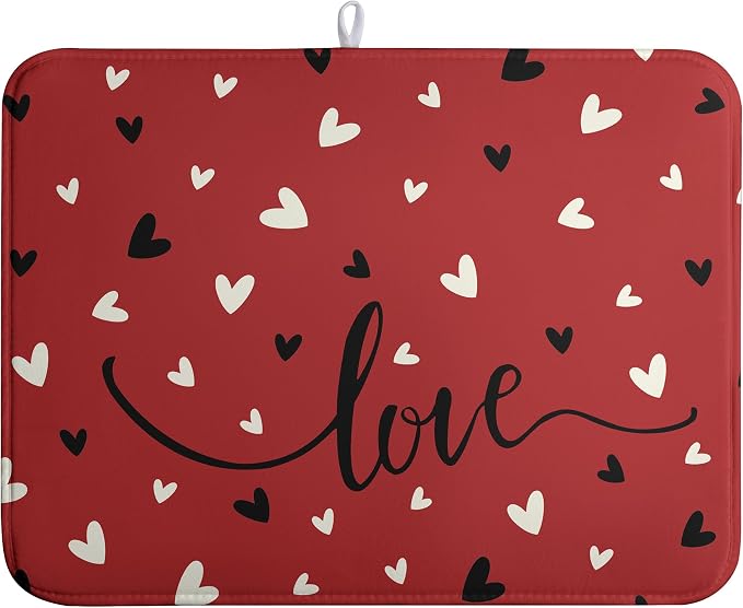Valentine Dish Drying Mat for Kitchen Counter Valentines Day Red Black Love by Wnoesat