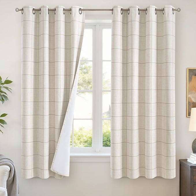 Linen Blackout Curtains 63 Inches Long for Bedroom - Boho Plaid Curtains Thermal Insulated, Pattern Printed Rustic Drapes Window Treatments for Farmhouse 52x63 Inch 2 Panels, Natural