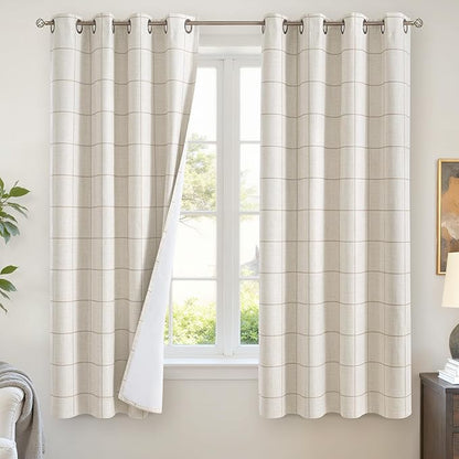 Linen Blackout Curtains 63 Inches Long for Bedroom - Boho Plaid Curtains Thermal Insulated, Pattern Printed Rustic Drapes Window Treatments for Farmhouse 52x63 Inch 2 Panels, Natural