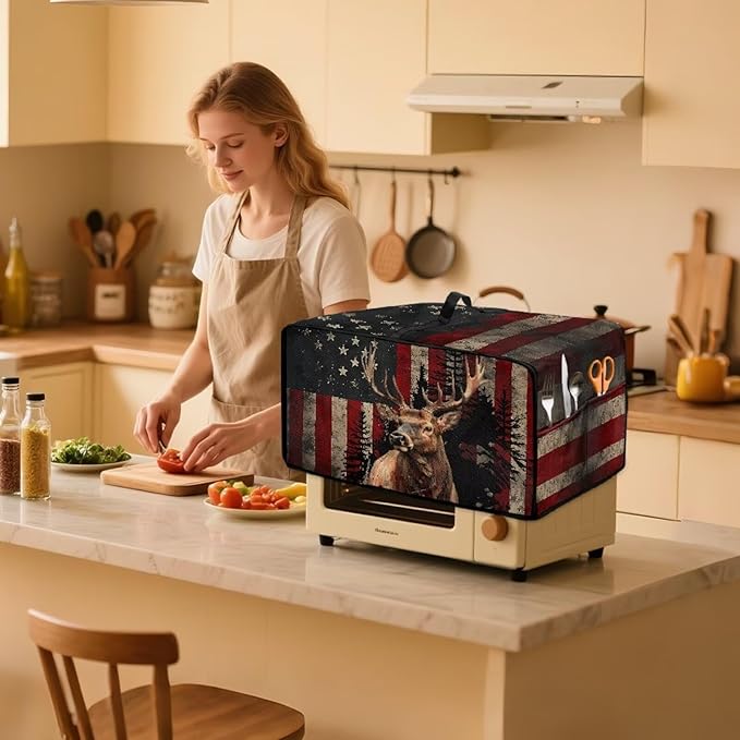 Vintage Deer Elk Print Microwave Oven Cover Waterproof Dust Cover for Microwave Oven American Flag Forest Print Universal Small Appliance Dust Covers Dirt and Fingerprint Protection, S