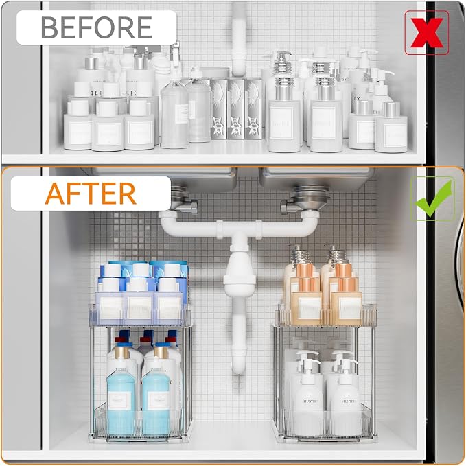 2 Pack Large Pull Out Bathroom Organizers and Storage, 2 Tier 12.8″ Tall - Image 4