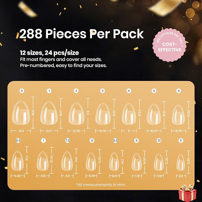 Beetles Extra Short Almond Nail Tips, 12 Sizes 288 PCS Pre-Shaped Clear Full - Image 8