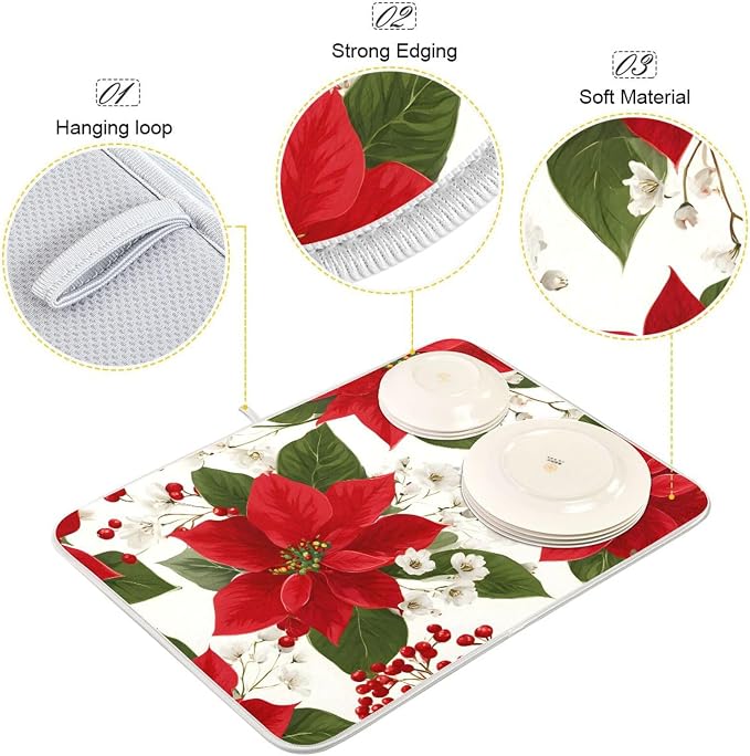 Red Poinsettias with Holly Dish Drying Mat - Image 4