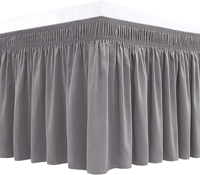 Biscaynebay Wrap Around Bed Skirts for Queen Size Beds Short Drop of 12", Silver Grey Adjustable Elastic Dust Ruffles Easy Fit Wrinkle Resistant Silky Luxurious Fabric Machine Washable