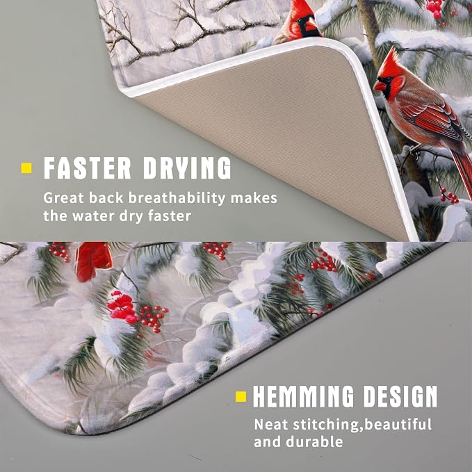 Red Birds Dish Drying Mat Winter Berry Dish Drainer Mats Absorbent Reversible - Image 3