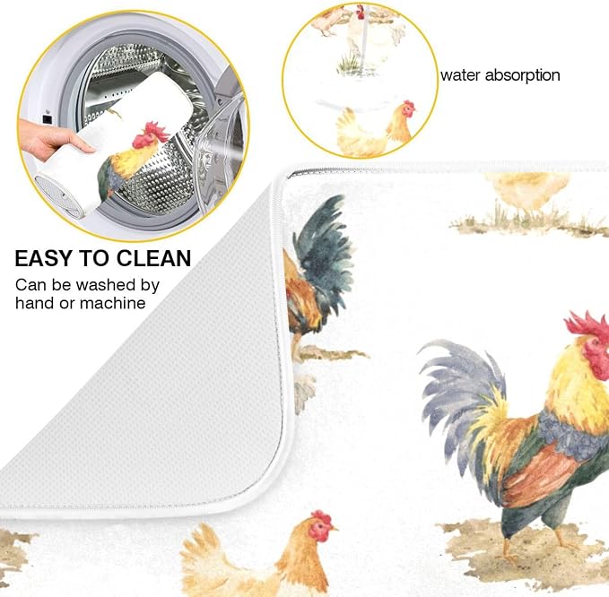 Tarity Watercolor Chickens And Rooster Dish Drying Mat - Image 2