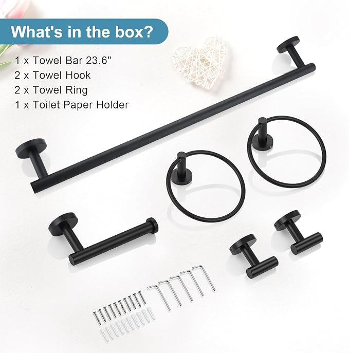 TQKAG Matte Black Bathroom Hardware Set 6-Piece Bathroom Accessory Set 23.6 - Image 8