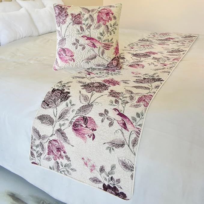 The HomeCentric King/Queen/Twin Pink Decorative King 90"x18" Bed Runner with Pillow Cover, Quilted, Printed & Pearl Embroidery Bed Scarf on Cotton Fabric - Vintage Birdie