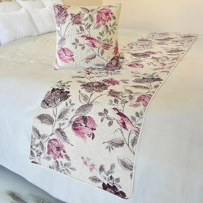 The HomeCentric King/Queen/Twin Pink Decorative King 90"x18" Bed Runner with Pillow Cover, Quilted, Printed & Pearl Embroidery Bed Scarf on Cotton Fabric - Vintage Birdie