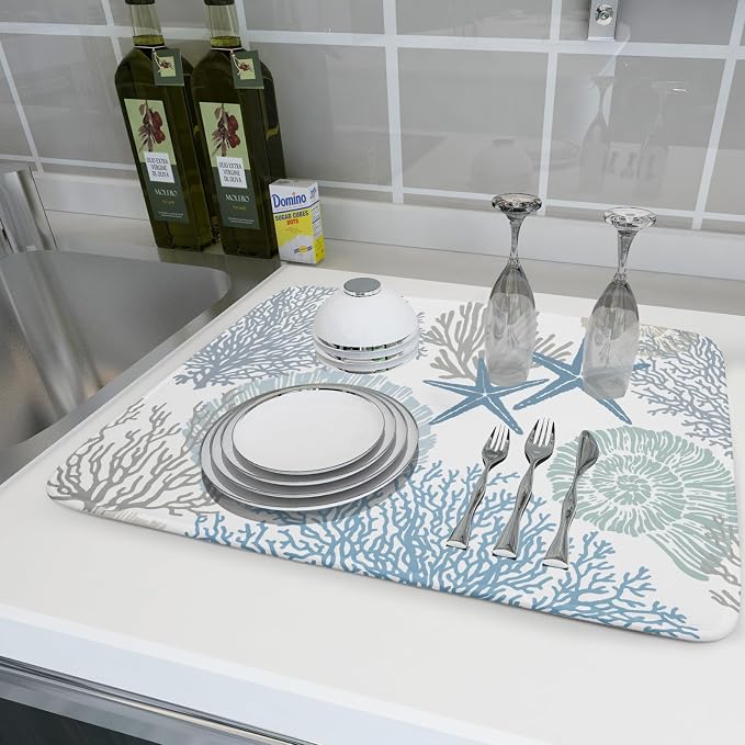 Nautical Dish Drying Mat for Kitchen Counter Coastal Seashell Starfish Summer - Image 6