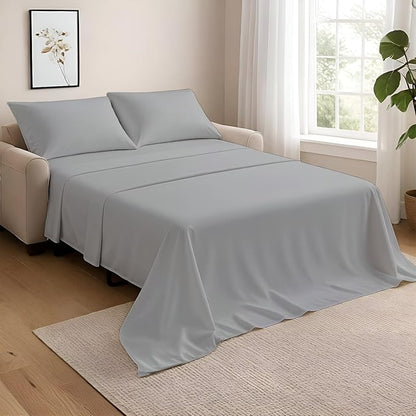 NON Sticky cotton Queen Size Sleeper Sofa Sheets, 4 Piece Egyptian Cotton Bed Sheet Set for Sofa Bed, 6" Deep Pocket Fitted Sheet for Pull Out Couch Mattress, 60" x 75", Light Grey Solid