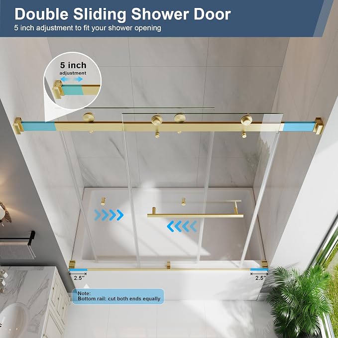 Frameless Bathtub Shower Door, 55-60" W x 60" H Double Sliding Tub Shower Door - Image 3