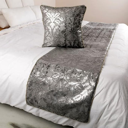 The HomeCentric Silver Bed Runner, CA King Size 86"x18" Decorative Bed Runner with 2 Matching Pillow Cover, Silver & Grey Velvet Bed Scarf in Foil Velvet Bead Border - Silver Glitterati