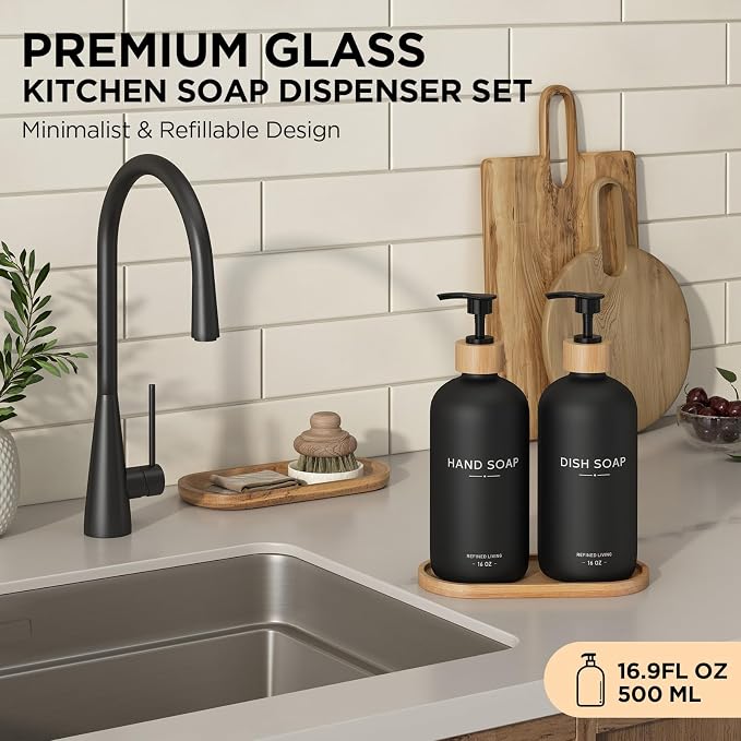 Hand and Dish Soap Dispenser Set, 16oz Glass Bottles - Image 2