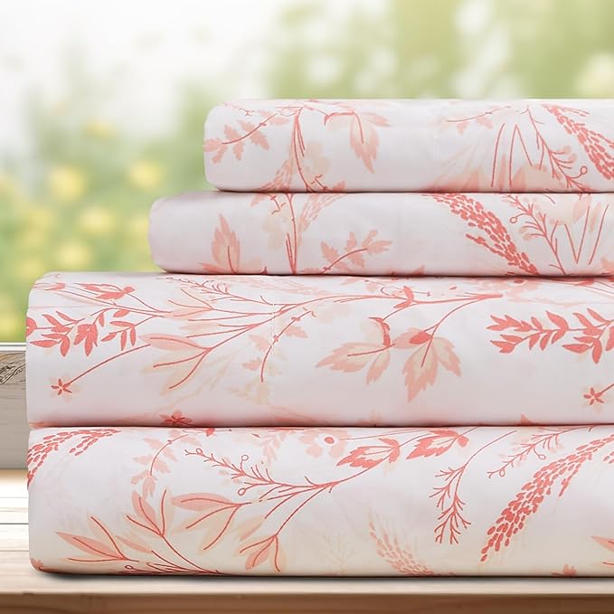 DREAMCARE Queen Size Sheets - Floral Sheets Queen Size Bed Set - 4pcs Queen Sheet Set - Cooling Bed Sheets - Queen Size Sheet Sets - Soft & Long Lasting 100% Brushed Floral Bed Set - Floral Pink