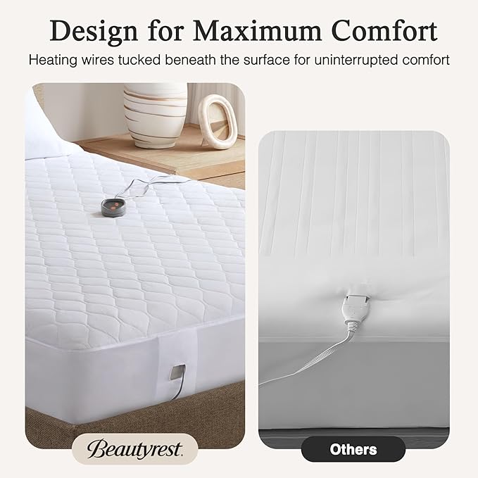 Beautyrest Cotton Blend Heated Mattress Pad Secure Comfort Technology - Luxury Quilted Electric Mattress Pad with Deep Pocket - 5-Setting Heat Controllers, Twin, White