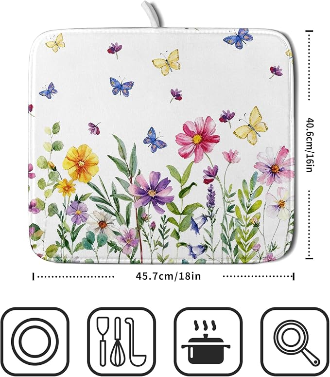 Wildflower Dish Drying Mat for Kitchen 18x16 Inch Colorful Floral Butterfly - Image 4