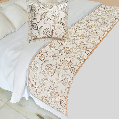 The HomeCentric King/Queen/Twin Beige Decorative Bed Runner Full 68"x18" Bed Runner with One Pillow Cover, Floral, Pearl, Jute Lace, Embroidery Bed Scarf on Cotton Fabric - Floral Luster